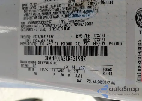 2012 Ford Fusion Sel z USA, uszkodzony, nr VIN 3FAHP0JA2CR431987